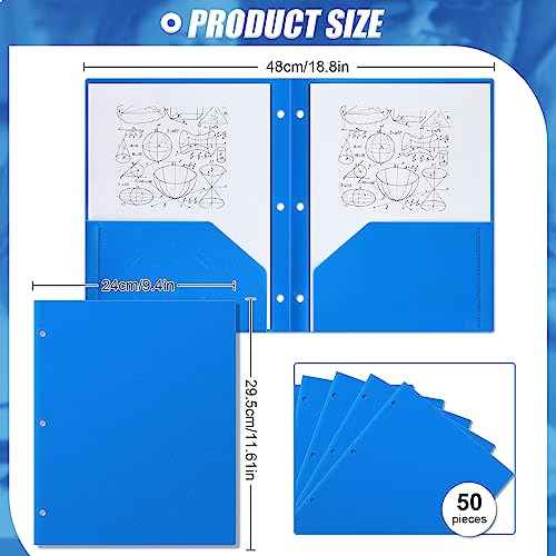 Yeaqee 50 Pcs Plastic Folders with Pockets Bulk 3 Hole Punched 2 Pocket File Folders for 3 Ring Binder Divider Folder for Notebooks, Durable Poly for Office Home (Blue)