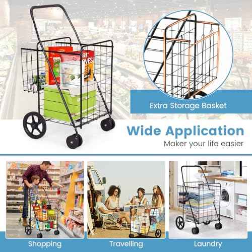 Flat Folding Shopping Cart, 130 LBS Heavy Duty Utility Cart W/ 360¡Æ Swivel Front Wheels, 24" x 23" x 40" Foldable Grocery Cart for Laundry, Shopping, Groceries