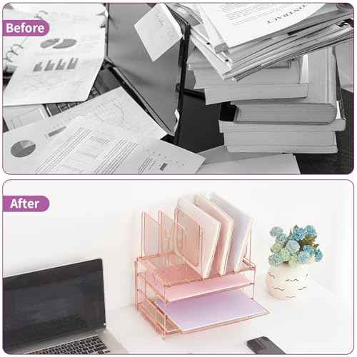 Desk Organizers and Accessories, 3-Tier Paper Organizer with 5 Vertical File Holders, File Organizer for Desk (Rose Gold, 3T)