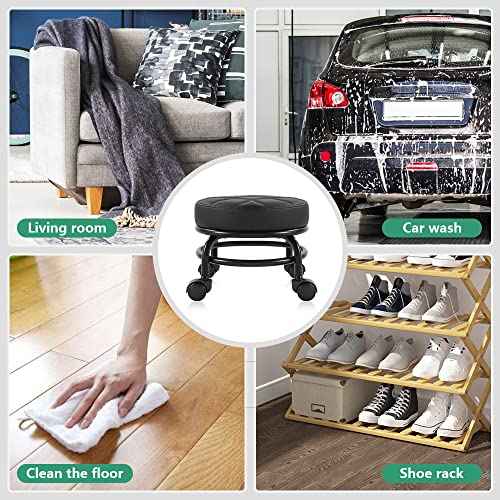 FURWOO Low Roller Seat PU Leather Rolling Stool with Wheels for Manicure, Mechanic,Home Office, Garage Shop Black