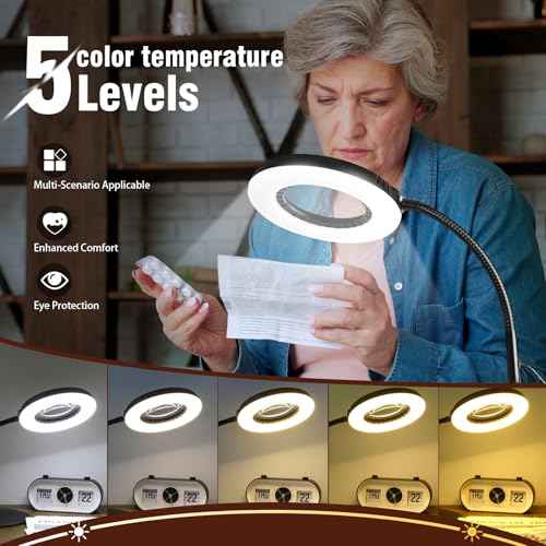 10X Magnifying Glass with Light and Stand, 5 Color Modes Stepless Dimmable LED Desk Lamp, Adjustable Flexible Gooseneck Lighted Magnifier Hands Free for Close Works, Crafts, Hobby, Reading, Painting