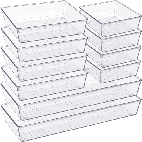 Criusia 10 Pack Large Clear Plastic Drawer Organizers - Versatile Bathroom, Kitchen & Vanity Storage Trays Set