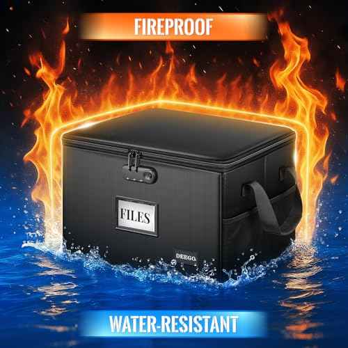 DEEGO Fireproof Document Box, Water-Resistant File Organizer Box with Lock for Document Safe, Collapsible File Organizer with Handle, Filing Cabinets for Home Office for Hanging Letter/Legal Folder