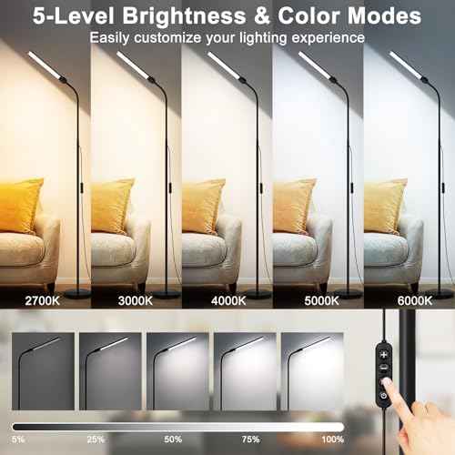 LED Floor Lamp, 18W/2000LM Bright Reading Floor Lamp for Office with Double Head, Adjustable Gooseneck Dimmable Modern Standing Light for Lash Extension Craft, Eye Caring Floor Lamps for Living Room