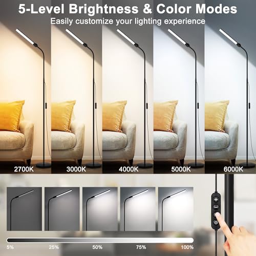 Seaside Village Black LED Floor Lamp with Double Head, Dimmable Reading Light