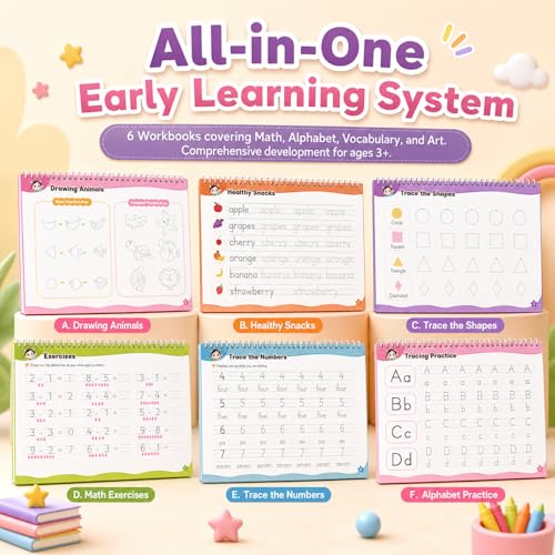 Kids Learning Practice Book Set with Reusable Magic Ink & Grooved Guides