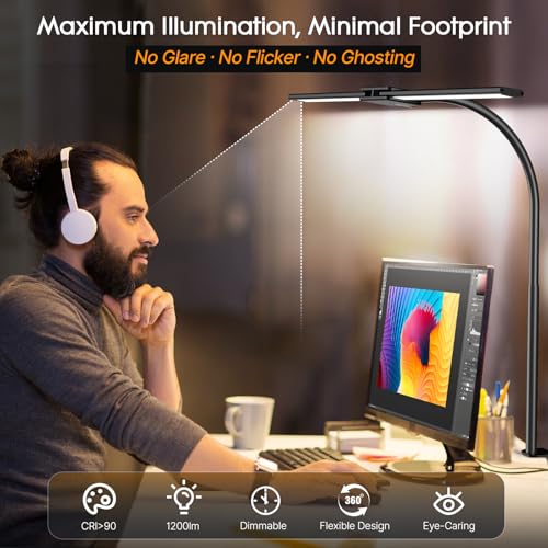 Syrinx LED Desk Lamp for Home Office ? Eye-Caring Dual Head Desk Light with Flexible Gooseneck, Clamp, Gesture/Wired Control, 50 Lighting Modes with Memory/Timer for Study, Crafting