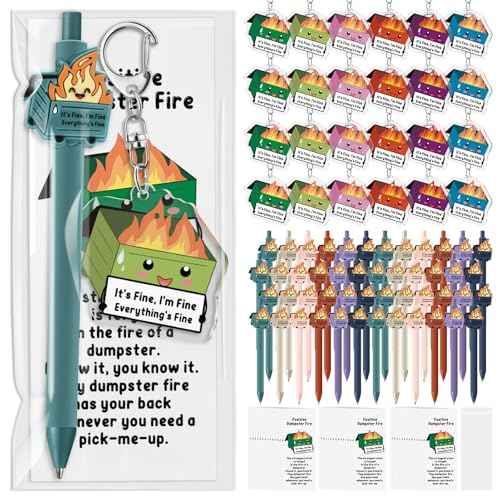 48 Sets Dumpster Fire Gifts Christmas Funny Ballpoint Pens Acrylic Keychains and Bookmarks Employee Emotional Support Appreciation Gifts Bulk for Office Coworkers Staff Team