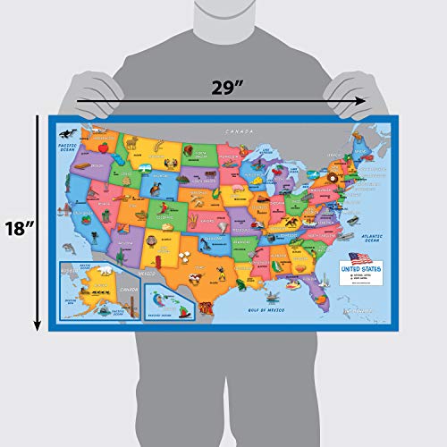 Laminated 2-Pack Kids World & USA Map Posters - 18x29 Inches, Illustrated