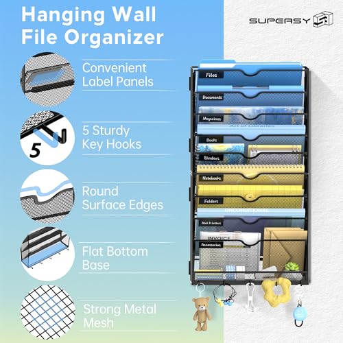 SUPEASY 10-Tier Wall File Organizer with Hooks - Black, Wall Mounted Mail Sorter