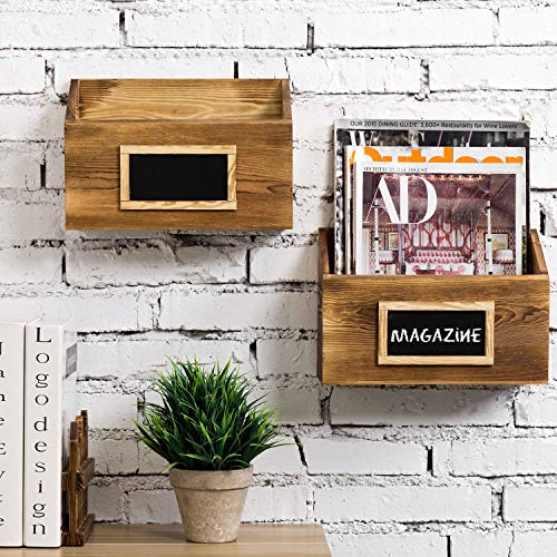 MyGift Rustic Burnt Wood Wall Mounted Mail, File & Magazine Holder Sorter Rack with Chalkboard Label, Set of 2