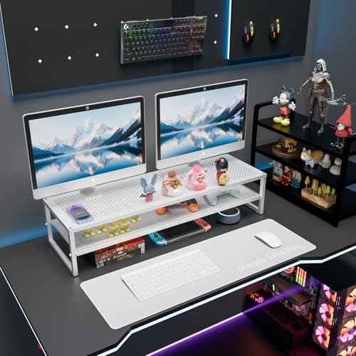 Simple Trending 2 Tier Metal Dual Monitor Stand Riser, Computer Office Desktop Organizer for 2 Monitors with 32"x10" Mouse Pad for Laptop, Printer, TV, White