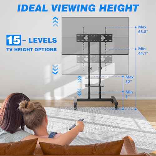 Rfiver Mobile TV Cart Rolling TV Stand for 32-83 Inch Screens up to 110lbs, Portable TV Stand on Wheels with Height Adjustable Shelf, Outdoor TV Stands Mount for Home Office MAX VESA 600x400mm, Black