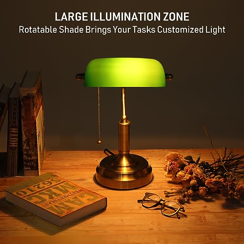 Green Glass Banker’s Desk Lamp with Pull Chain, E26 Base - Retro Office Light