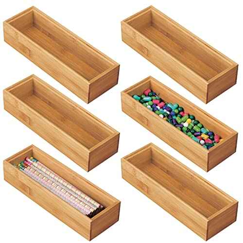 mDesign Wooden Bamboo Office Drawer Organizer Box Tray, Stackable Storage for Drawers, Cabinets, Shelves, Cubby, or Desktop, Hold Pens, Pencils, Supplies, Echo Collection, 6 Pack, Natural Wood Finish
