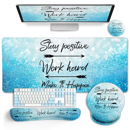 XXL Blue Positive Desk Mat Set with Wrist Rests – Large Mouse Pad & Accessories