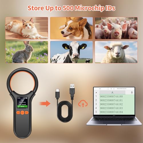 KUIIYER Pet Microchip Scanner, Rechargeable RFID EMID FDX-B (ISO 11784/11785) Micro Chip Reader with LCD Screen Display & 500 Storage Records, 15 Digit Pet Chip Scanner for Dog/Cat/Pig/Animal