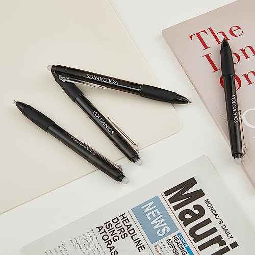 Volcanics Retractable Erasable Gel Pens Black 12 Pack, Click Erasable Gel Ink Pens for Smooth Writing & Easy Erasing, Refillable Erasable Click Pens for School Office Supplies