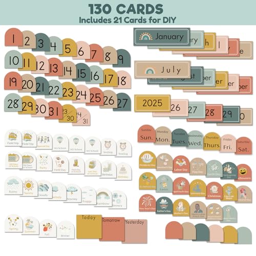 Classroom Monthly Calendar Pocket Chart for Kids Learning, 105 Cards Wall Boho Calendar and Weather, Teacher Supplies for Kindergarten Preschool Elementary Homeschool