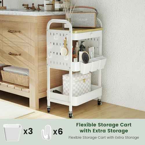 danpinera Rolling Utility Cart with Drawer, 3 Tier Rolling Cart with Wheels, Hooks & Hanging Cups, Craft Cart Art Cart Snack Cart Rolling Storage Cart with Wooden Table Top & DIY Pegboards, White