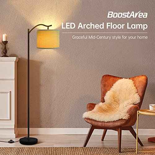 Floor Lamp for Living Room,LED Arched Stand Lamp,Tall Modern Standing Lamp with Linen Shade,E26 Socket, Footswitch, Mid Century Floor Lamps for Bedrooms,Office,Gray Double-Layer lampshade
