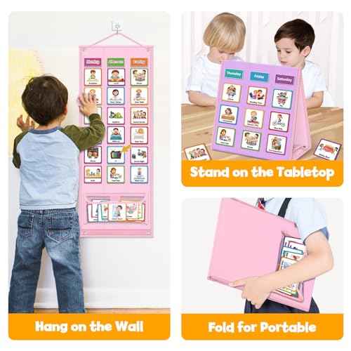 Godery Large Visual Schedule for Kids Chore Reward Chart,Bedtime Routine Chart for Toddlers,Double Side Schedule Board with 109 Cards for Home School Planner,Autism Learning Materials (Pink)