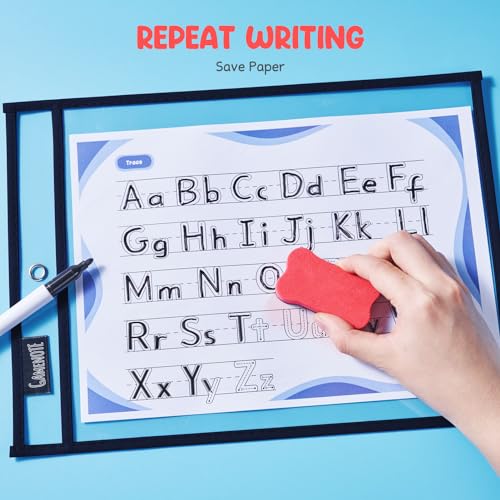 GAMENOTE 30 Pack Dry Erase Pockets 10x14in, Black – Reusable Writing Sleeves with Ring Binders
