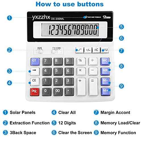 Desk Calculator 12 Digit Extra Large 4.3-Inch LCD Display, Two Way Power Battery and Solar Calculators Desktop, Big Buttons Easy to Press Used as Office Calculators for Desk White