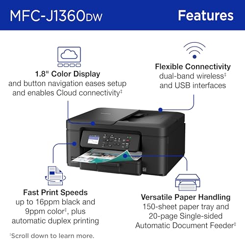 Brother MFCJ1360DW Wireless Color Inkjet All-in-One Printer - Print, Scan, Copy