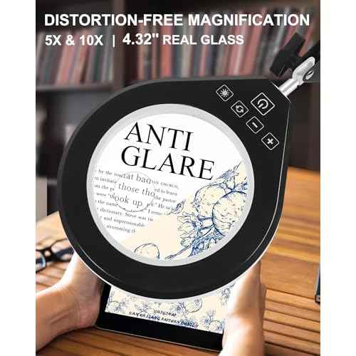 Lighted Magnifying Glass, 10X & 5X Magnifying Glass with Light, Dimmable Magnifier with Lamp, Adjustable 10 Level Brightness and 5 Color Desktop Clamp Magnifiers for Craft Painting Workbench (White)
