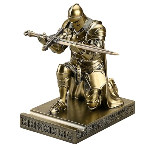 Medieval Armored Warrior Wearing Outerwear, Mobile Phone Stand Knight Pen Holder Desk Organizers, Resin Bookends Paperweight with a Letter Opener for Desk (Bronze)