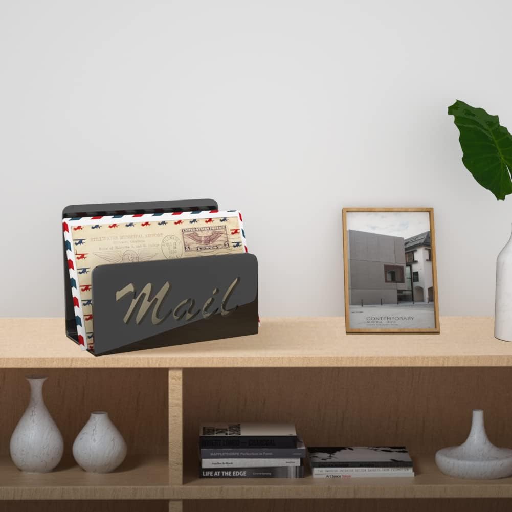 Wishacc Mail Organizer - Stylish Desktop Letter Holder for Home & Office | Black Countertop Design