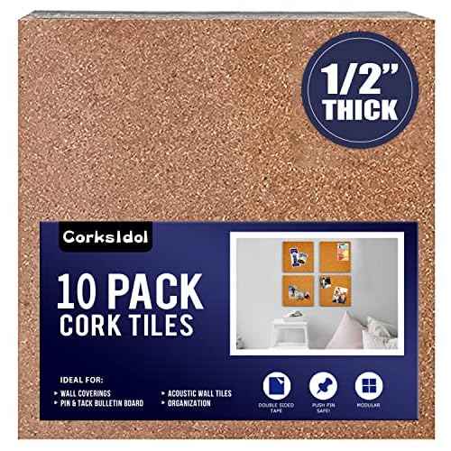 Corksidol Cork Tiles 12"x12" - 1/2" Thick -Bulletin Board-Cork Board- Ultra Strong Self Adhesive Backing for Floor/Wall/DIY-10 Pack