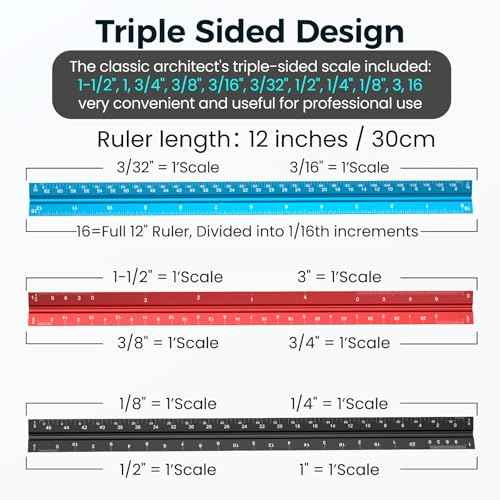 Rena Chris Architectural Scale Ruler: 12" Imperial Aluminum Alloy Metal Architecture Measuring Tools, Engineering Drafting Construction Drawing Blueprints Triangular Architect Scaling Rulers 12 Inches
