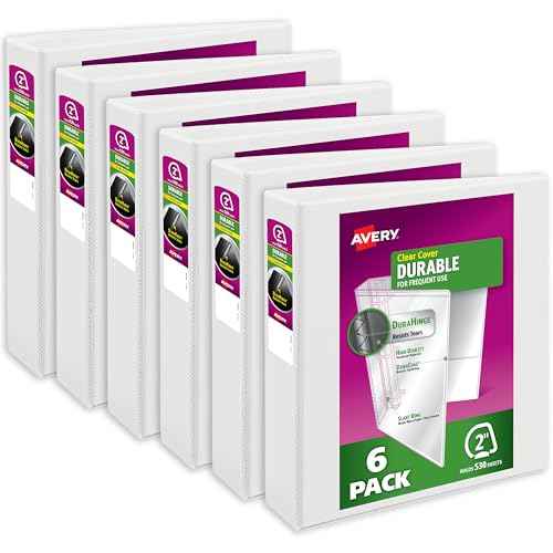 Avery Durable View 3 Ring Binders for Home, School Supplies, Office, or Organization Needs, 2" Slant Ring, 6 Pack White Binders (17032)