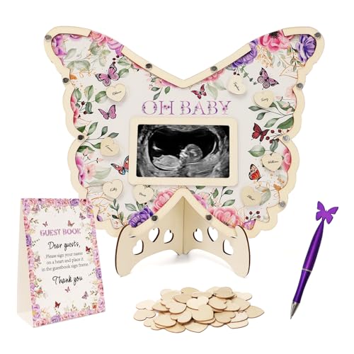 Butterfly Baby Shower Guest Book Set with Frame, 60 Wooden Hearts, Pen – Purple Butterfly (Threelf)
