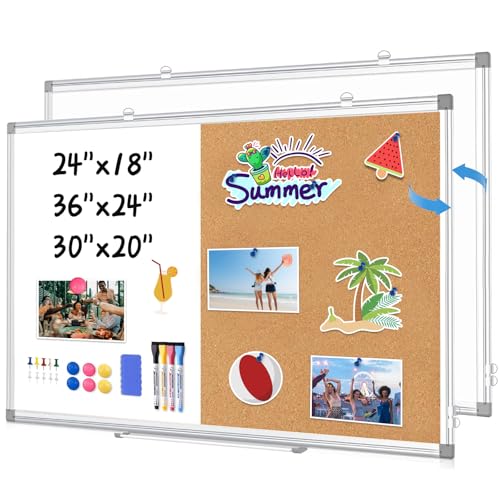 WALGLASS Combination Magnetic Whiteboard & Corkboard, 24"x18" Combo for School, Office & Home, Dry Erase Board with Removable Tray, Pins, Eraser, Markers & Magnets