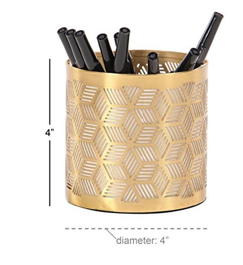 Deco 79 Metal Geometric Pencil Cup with Laser Carved Design, 4" x 4" x 4", Gold