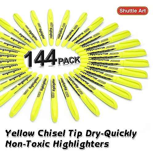 Shuttle Art 144 Pack Highlighters, Yellow Highlighter Pen Bulk with Versatile Chisel Tip Dry-Quickly Non-Toxic Highlighter Markers for Adults Kids Highlighting in Home School Office