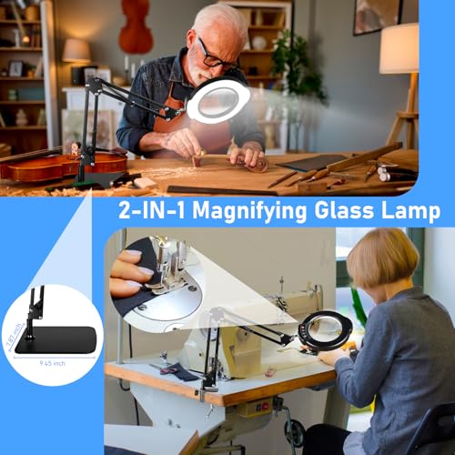 10X Magnifying Glass with Light and Stand, LED Desk Lamp with Base and Clamp, 5 Color Mode, 10 Dimmable Levels, Hands Free for Reading Crafts Jewelry Sewing Close Work