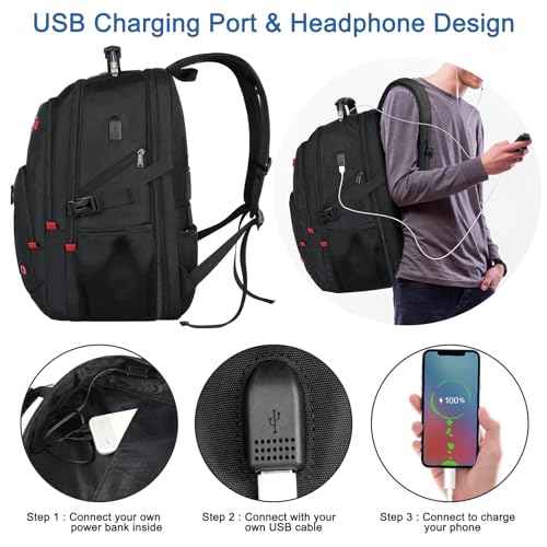 Z-MGKISS Extra Large Backpack for Men, Gaming Laptop Travel Bag Fits 18.4-19" Laptops, TSA Flight-Approved Backpack, Anti-Theft Gym College Business Work Mens Daypack, Black