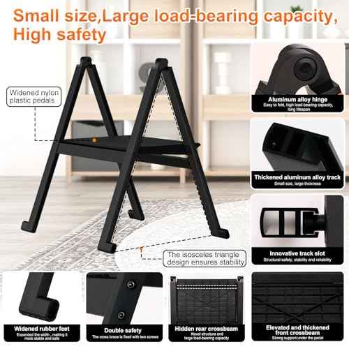 Folding Step Stool,Aluminum Ultra Thin Stool,400 Lbs Capacity Heavy Duty with Anti-Slip Sturdy and Wide Pedal,Closet Step Ladder for Home,Kitchen,Office and Dorm Bed (Black)