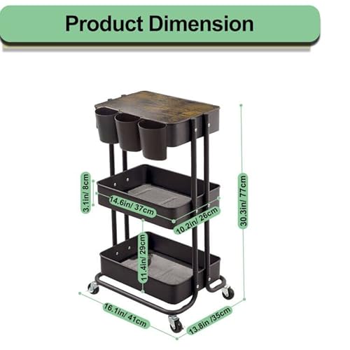 3-Tier Metal Utility Rolling Cart Storage Side End Table with Cover Board and Handle for Office Home Kitchen Organization, Black