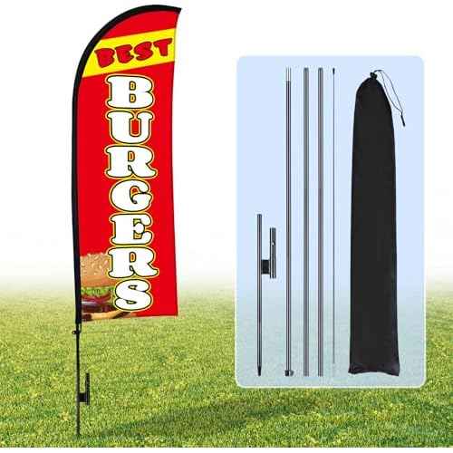 Buryeah 15ft Burgers for Business Advertising Feather Flag Sign with Flagpole Ground Stake Portable Bag Burgers Signs Banner for Outside Business