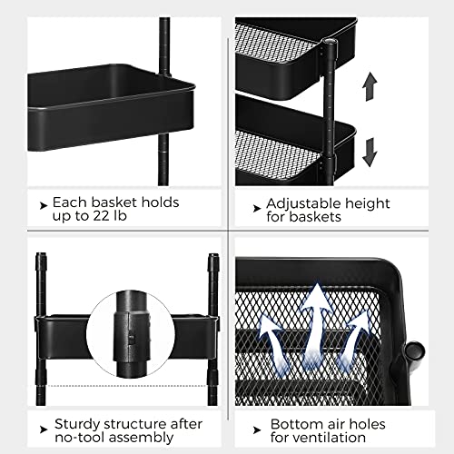 SONGMICS 3-Tier Metal Rolling Cart, Utility Cart, Kitchen Cart with Adjustable Shelves, Storage Trolley with 2 Brakes, Easy Assembly, for Kitchen, Office, Bathroom, Black UBSC60B