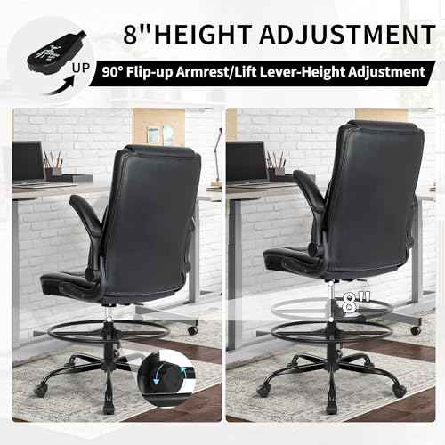 Misolant Drafting Chair, Tall Office Chair for Standing Desk, Standing Chair with Adjustable Height and Flip-up Armrest, Leather Drafting Chair, High Office Chair for Counter Height Desk