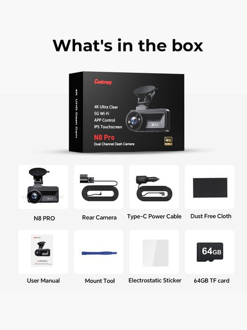COOLCRAZY Dash Cam Front Rear: 4K+1080P Full HD Dashcam Free 64GB Card, with 5G WiFi GPS, Dual Dash Camera for Cars with 3" IPS Screen, Night Vision, HDR, App Control, 24H Parking Mode, Loop Record