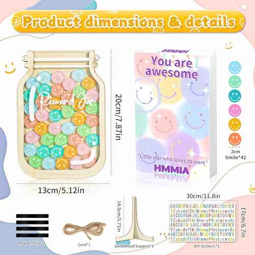 Personalized Magnetic Reward Jar, Smiley Faces Jar with Colorful Letter Stickers, Ideal for Classroom Reward System, Home Chore Chart, Positive Behavior Training (42PCS Smiley)