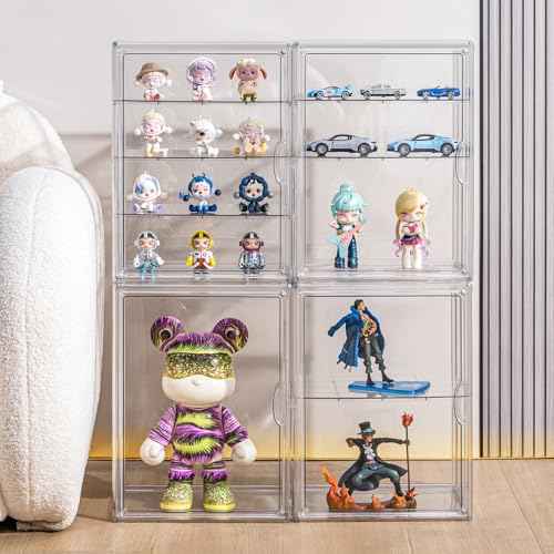 XXX-Large 4 Tier Clear Display Case for Figures 15.7"X11.8"X9.8" Extra Large Storage Box with Adjustable Shelves & Magnetic Door Stackable Organizer for Anime Figures, Cosmetics, Collectibles