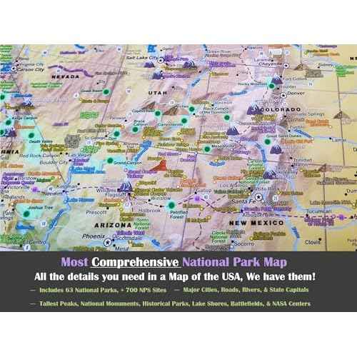 USA Map Poster With National Parks with USA Travel Destinations - Nautilus Edition US Travel Map Wall Posters - National park checklist (36W x 24H inches)